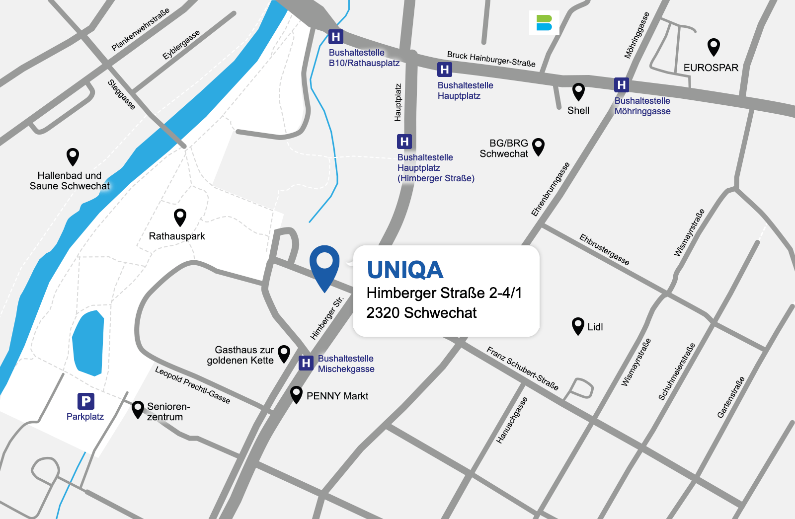 Eine detaillierte gezeichnete Karte der UNIQA Generalagentur Ungur